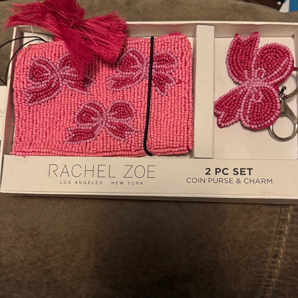 Rachel Zoe Pink Beaded Coin Purse and Charm Set